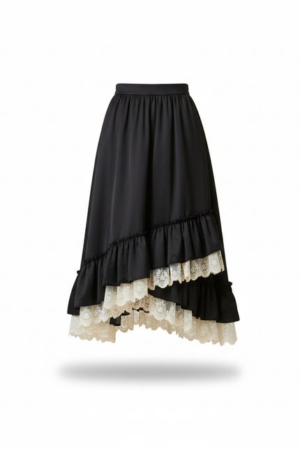 Jupe Longue Noire Volants Dentelle Élégante