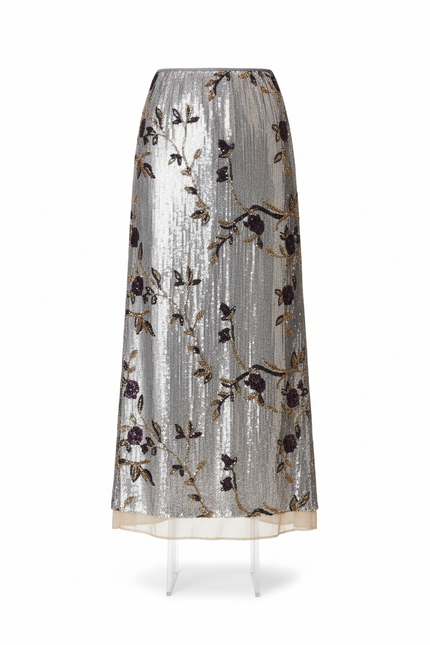 Jupe Longue Argentée Paillettes Brodée Élégante