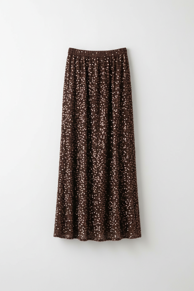 Jupe Longue Marron Paillettes Élégante