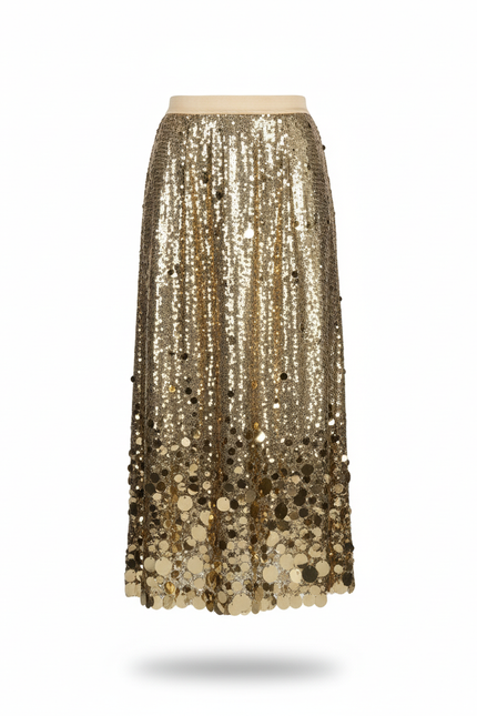 Jupe Longue Dorée Sequins Patchwork Chic