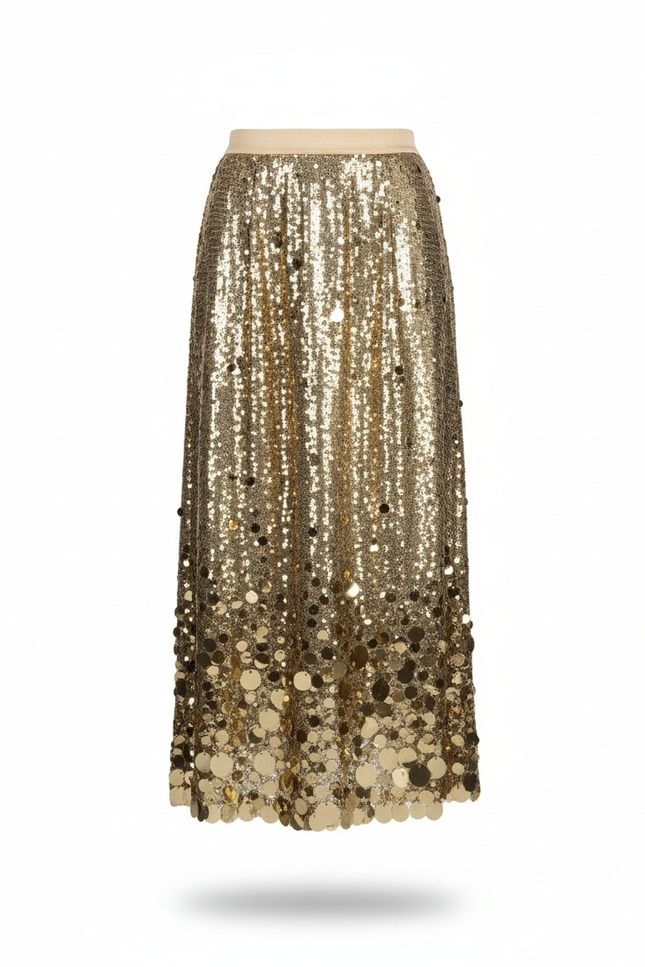 Jupe Longue Dorée Sequins Patchwork Chic