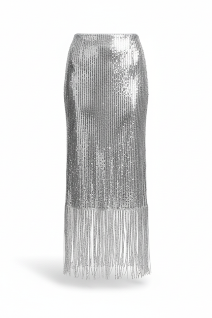 Jupe Longue Paillettes Argentées Franges Chic