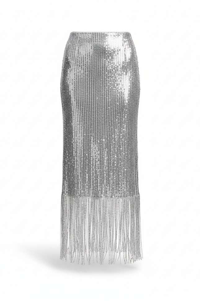 Jupe Longue Paillettes Argentées Franges Chic