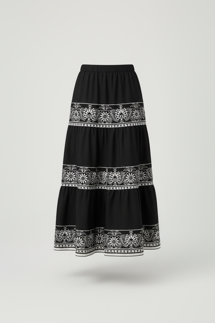 Jupe Longue À Volants Imprimée Géométrique Fluide