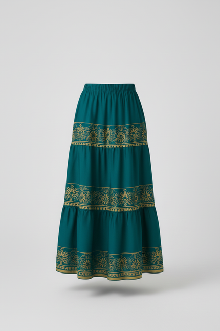 Jupe Longue Bohème Vert Canard Motif Doré