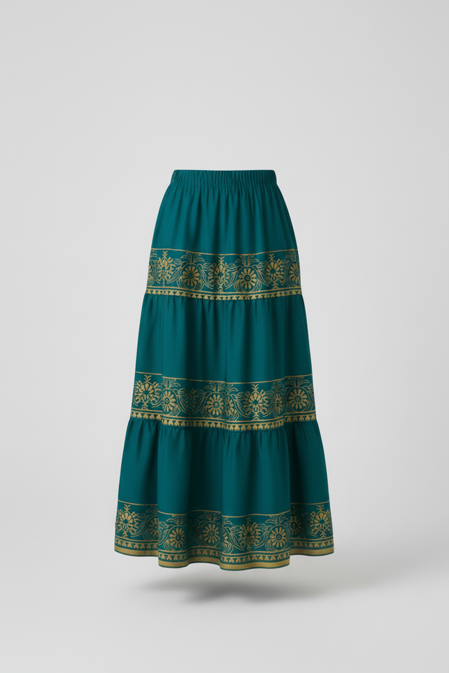 Jupe Longue Bohème Vert Canard Motif Doré