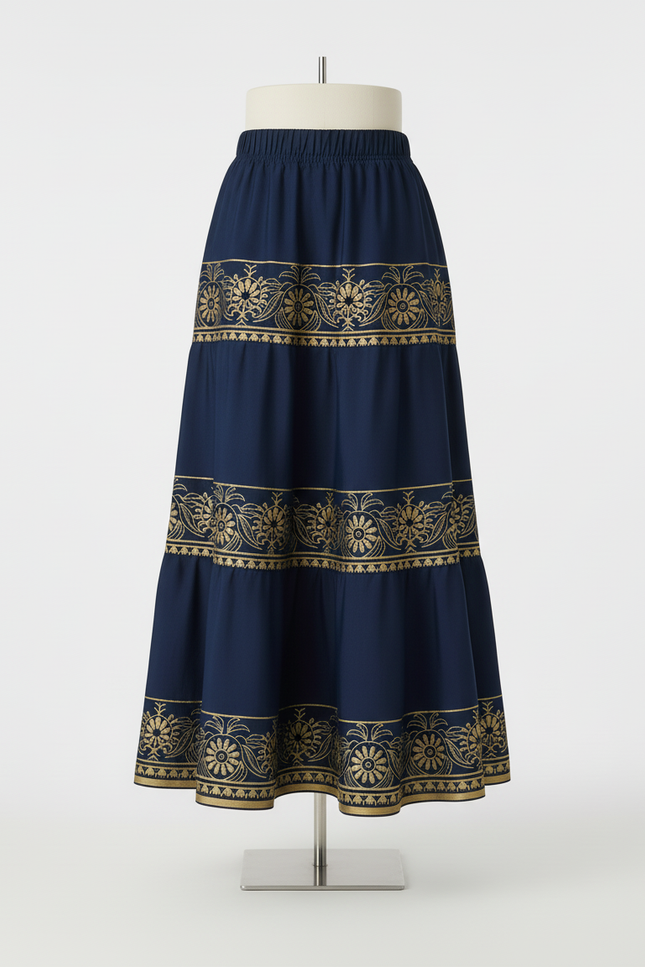 Jupe Longue Bleu Marine Imprimée Dorée Bohème