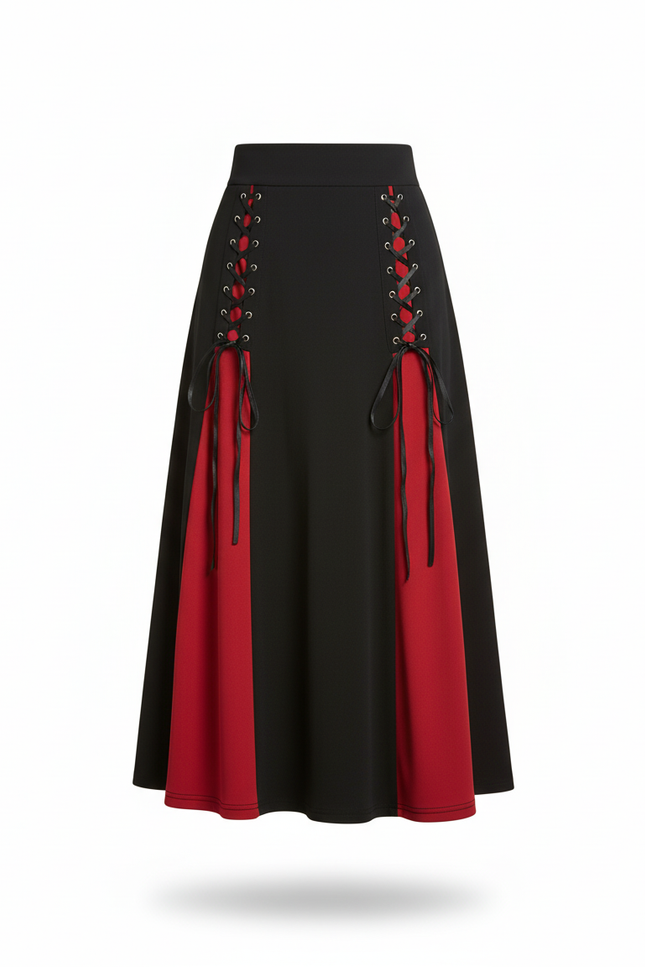 Jupe Longue Laçage Noir Rouge Chic