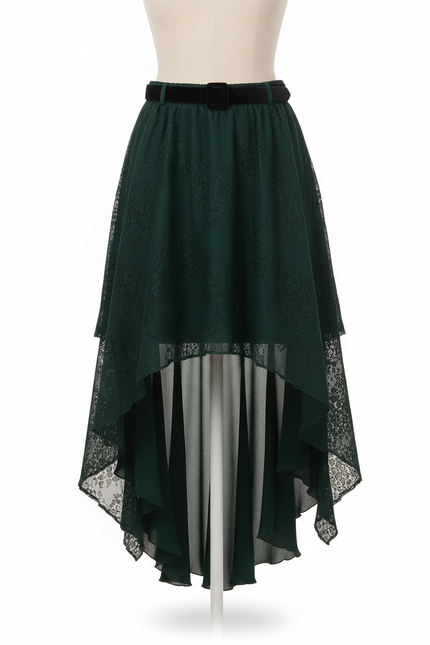 Jupe Longue Fluide Dentelle Asymétrique Verte