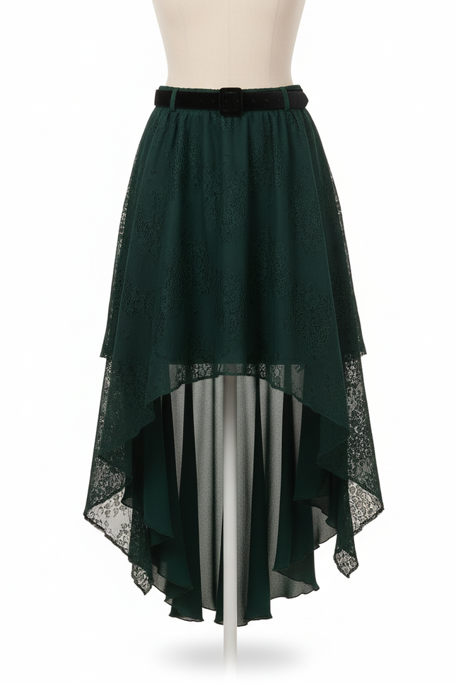 Jupe Longue Fluide Dentelle Asymétrique Verte