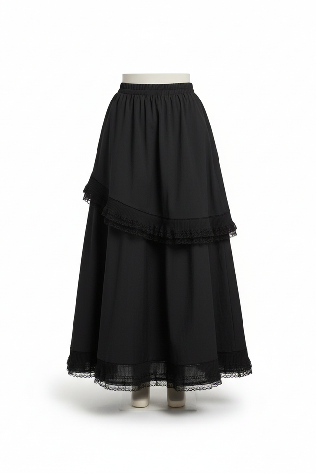 Jupe Longue Noire Volants Dentelle Bohème