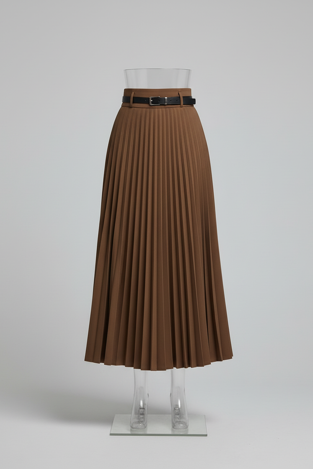 Jupe Longue Plissée Marron Élégante Tendance