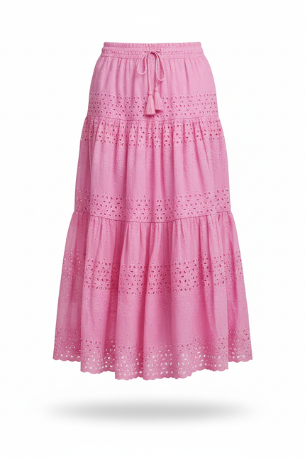 Jupe Longue Rose Broderie Anglaise Élégante