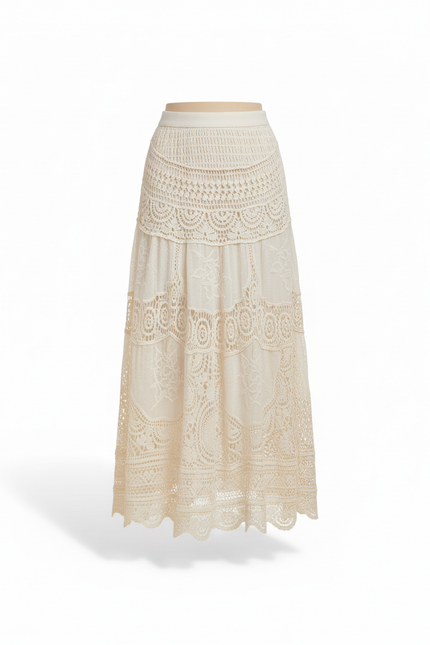 Jupe Longue Crème Dentelle Ajourée Bohème