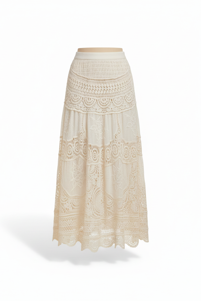 Jupe Longue Crème Dentelle Ajourée Bohème