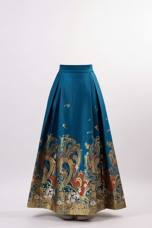 Jupe Longue Bleu Paon Brodée Élégante