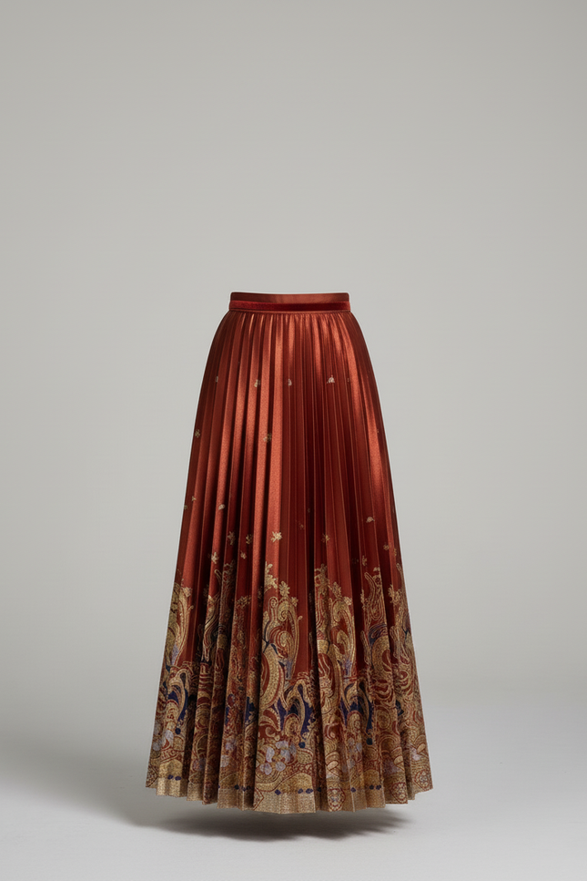 Jupe Longue Plissée Brodée Élégante