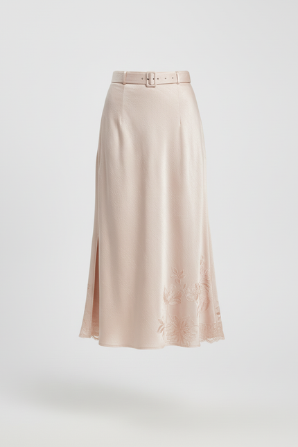 Jupe Longue Fluide Satin Rose Poudré Fendue