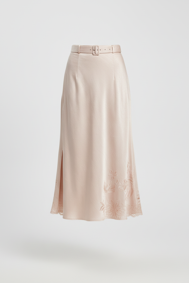 Jupe Longue Fluide Satin Rose Poudré Fendue