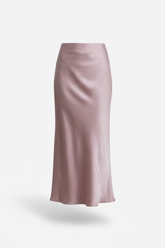 Jupe Longue Rose Poudré Satin Froissé Élégante