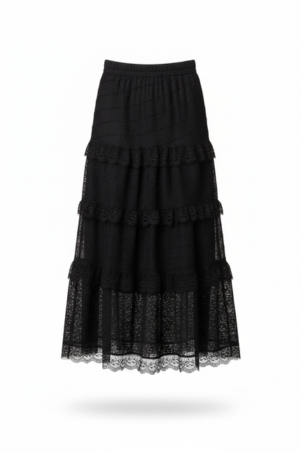 Jupe Longue Noire Dentelle Élégante Soirée Femme