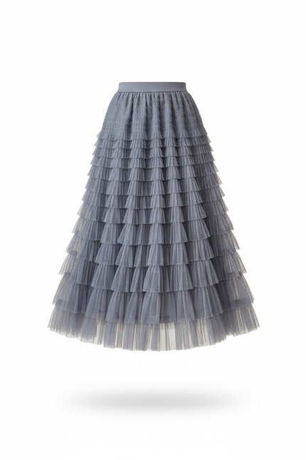 Jupe Longue Grise Tulle Volantée Bohème