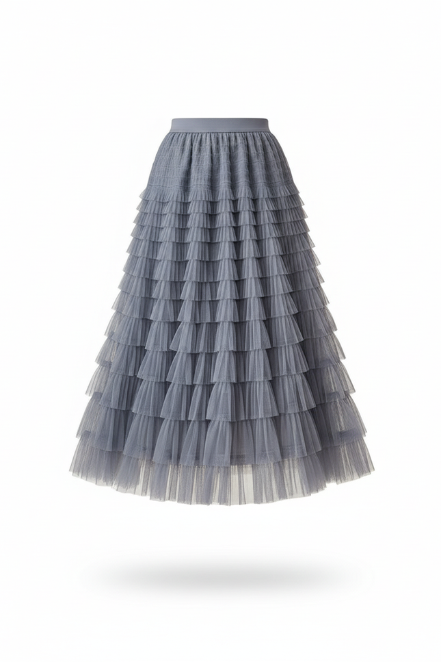 Jupe Longue Grise Tulle Volantée Bohème