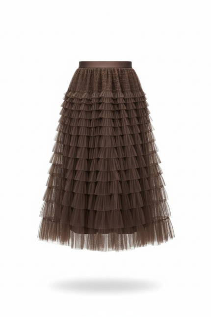 Jupe Longue Marron À Volants Superposés Bohème
