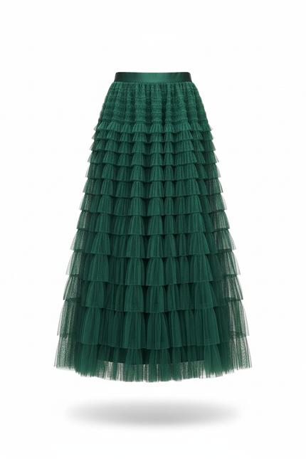 Jupe Longue Verte À Volants Superposés Bohème