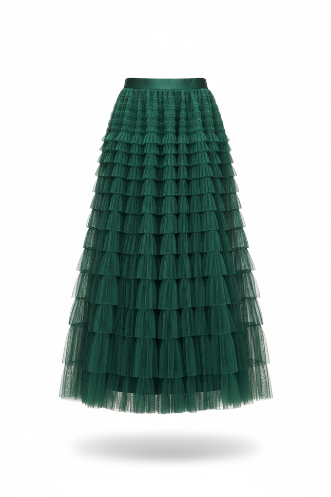 Jupe Longue Verte À Volants Superposés Bohème