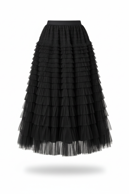 Jupe Longue Noire Tulle Volants Chic Élégante