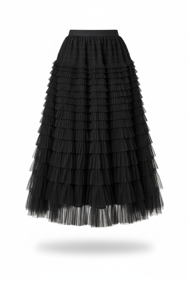 Jupe Longue Noire Tulle Volants Chic Élégante