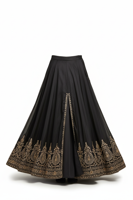 Jupe Longue Noire Fendue Broderie Dorée Élégante