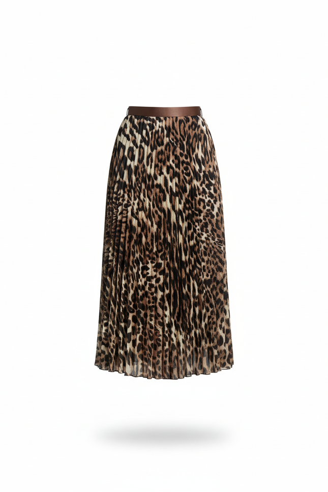 Jupe Longue Imprimé Léopard Plissée Élégante