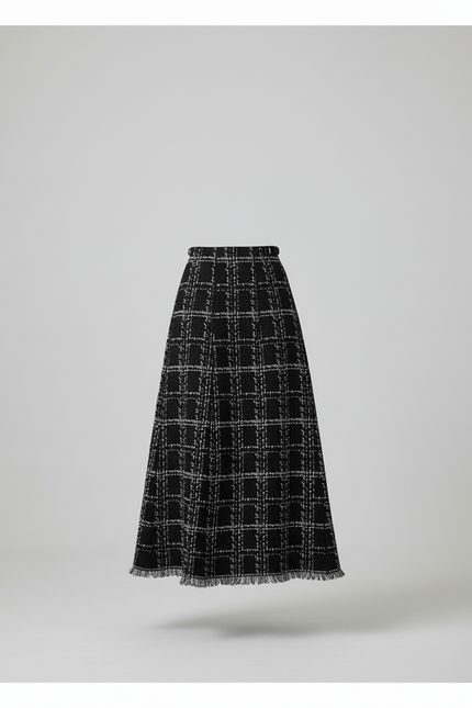 Jupe Longue Noire Carreaux Franges Chic
