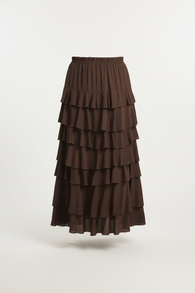 Jupe Longue Marron À Volants Fluide