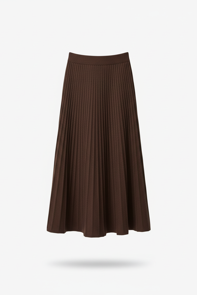 Jupe Longue Marron Tricotée Plissée