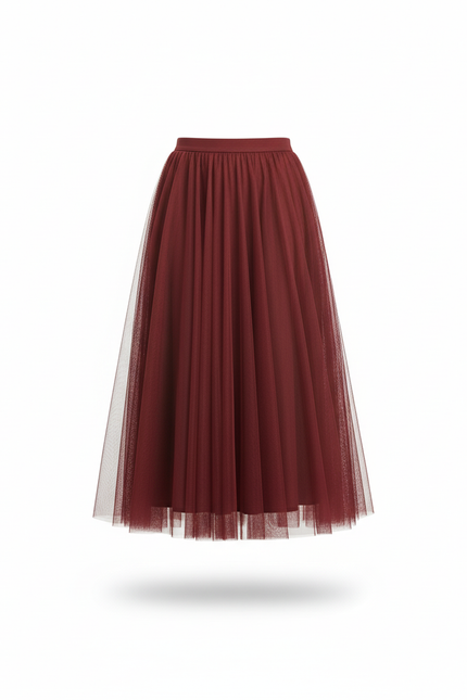 Jupe Longue Tulle Plissée Bordeaux