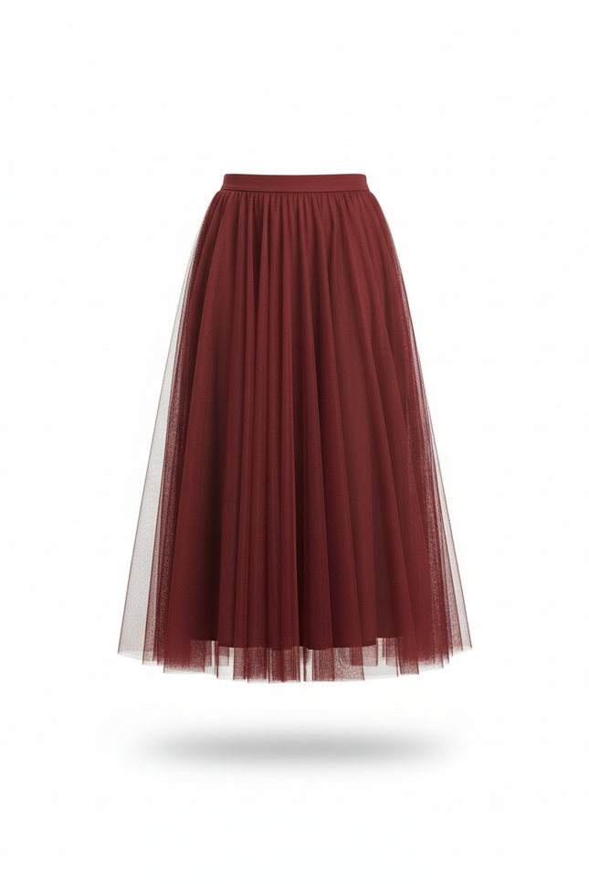 Jupe Longue Tulle Plissée Bordeaux