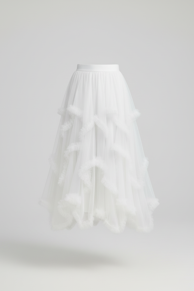 Jupe Longue Blanche Tulle À Volants Élégante