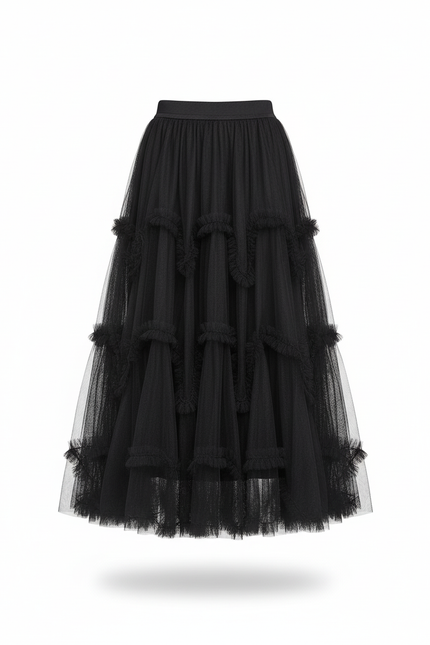 Jupe Longue Noire À Volants Chic