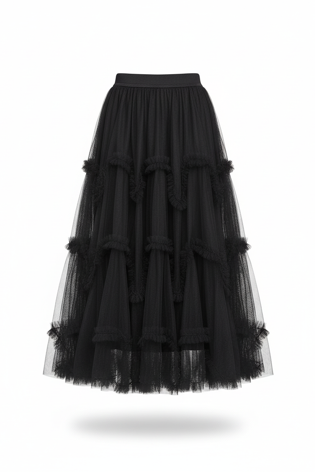 Jupe Longue Noire À Volants Chic