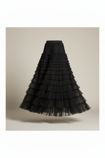 Jupe Longue Tulle Étagée Beige Élégante