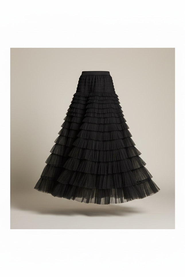 Jupe Longue Tulle Étagée Beige Élégante