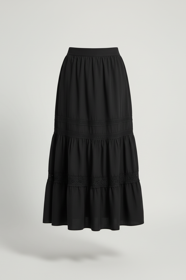 Jupe Longue Noir À Volants Bohème