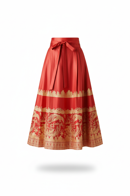 Jupe Longue Rouge Motifs Dorés Plissée