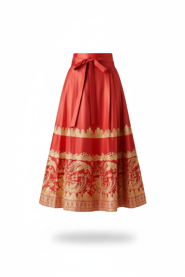 Jupe Longue Rouge Motifs Dorés Plissée