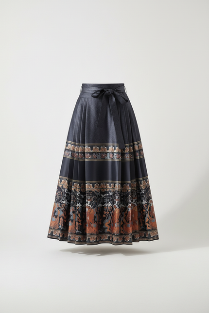 Jupe Longue Plissée Motif Ethnique Élégante