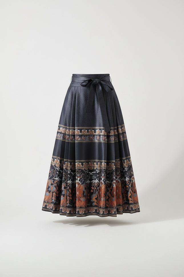 Jupe Longue Plissée Motif Ethnique Élégante