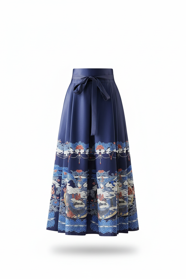 Jupe Longue Plissée Imprimée Chinoise Élégante